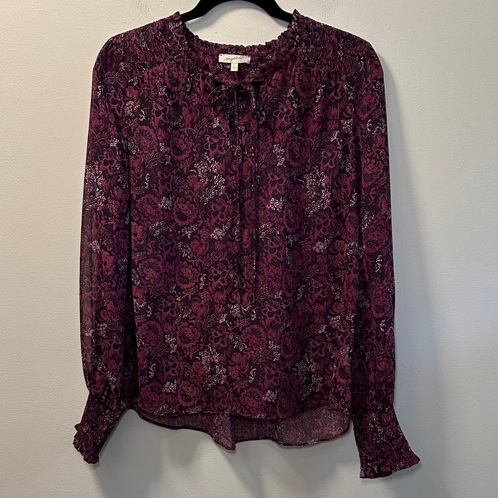 Mystree Women’s Burgundy Floral Sheer Long Sleeve Tie Neck Blouse Sz L